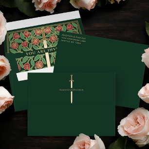 Green Royal Mediaeval Gold Floral Sword Wedding Envelope