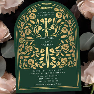 Green Royal Mediaeval Gold Sword Wedding Arch Invitation