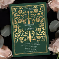 Green Royal Mediaeval Gold Sword Wedding Invitatio