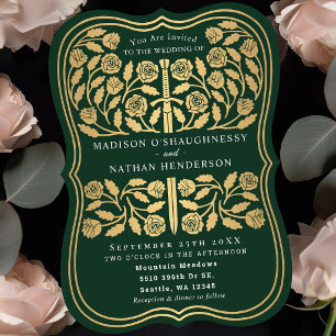 Green Royal Mediaeval Gold Sword Wedding Invitatio Invitation