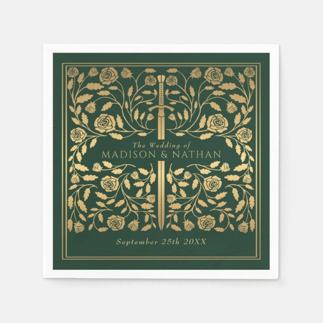 Green Royal Mediaeval Gold Sword Wedding Napkin (Front)