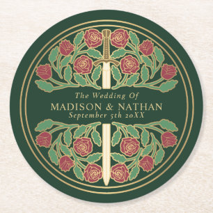 Green Royal Mediaeval Gold Sword Wedding Round Paper Coaster