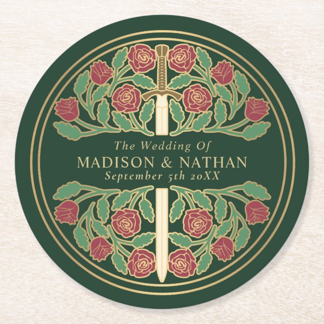 Green Royal Mediaeval Gold Sword Wedding Round Paper Coaster (Front)