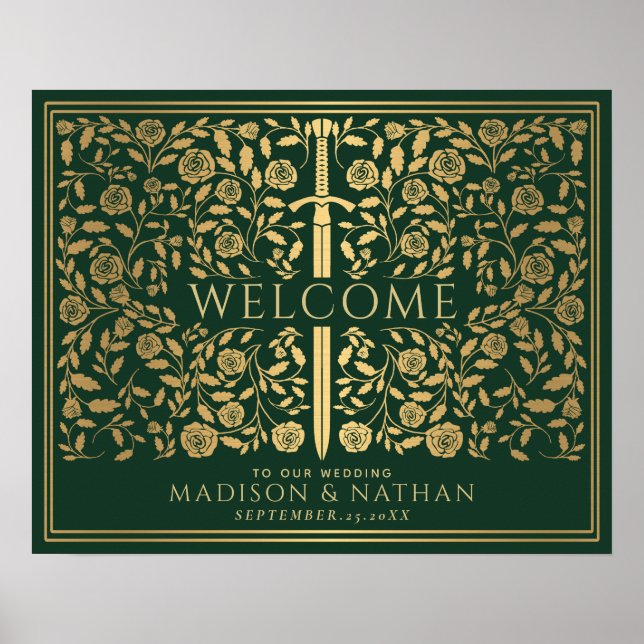 Green Royal Mediaeval Gold Sword Wedding Welcome  Poster (Front)
