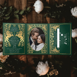 Green Royal Mediaeval Lion Wedding Tri-Fold