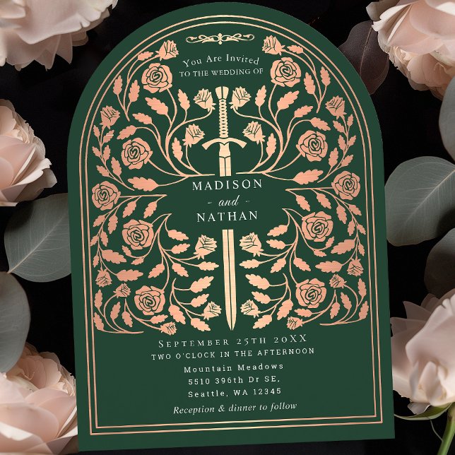 Green Royal Mediaeval Rose Gold Sword Wedding Arch Invitation (Creator Uploaded)