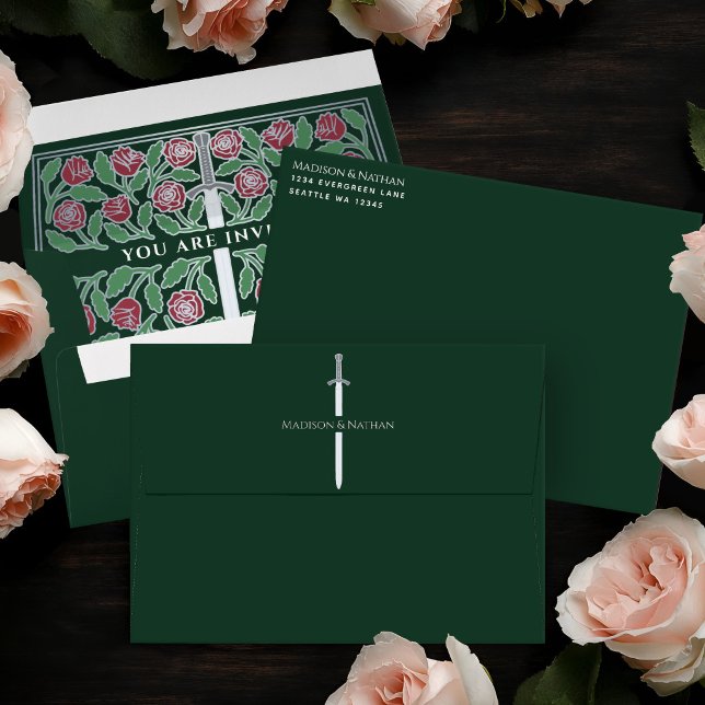 Green Royal Mediaeval Silver Floral Sword Wedding Envelope (Creator Uploaded)