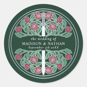 Green Royal Mediaeval Silver Sword Wedding  Classic Round Sticker