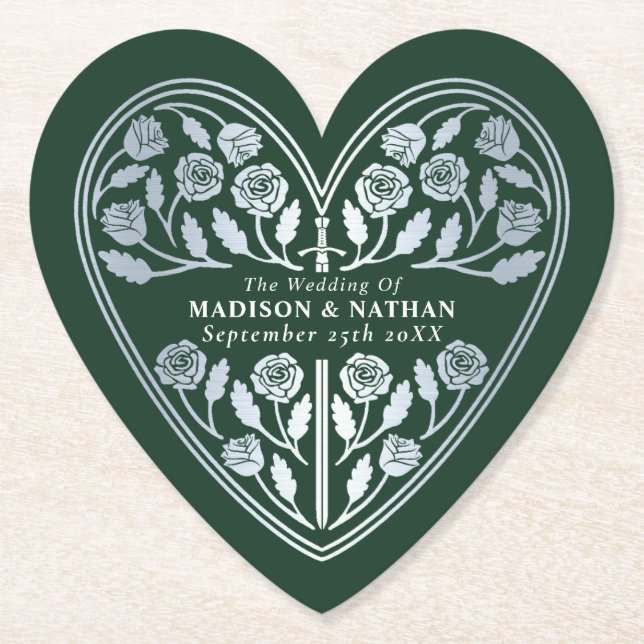 Green Royal Mediaeval Silver Sword Wedding Paper Coaster (Front)