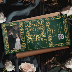 Green Royal Mediaeval Sword Wedding QR Code Tri-Fold Invitation