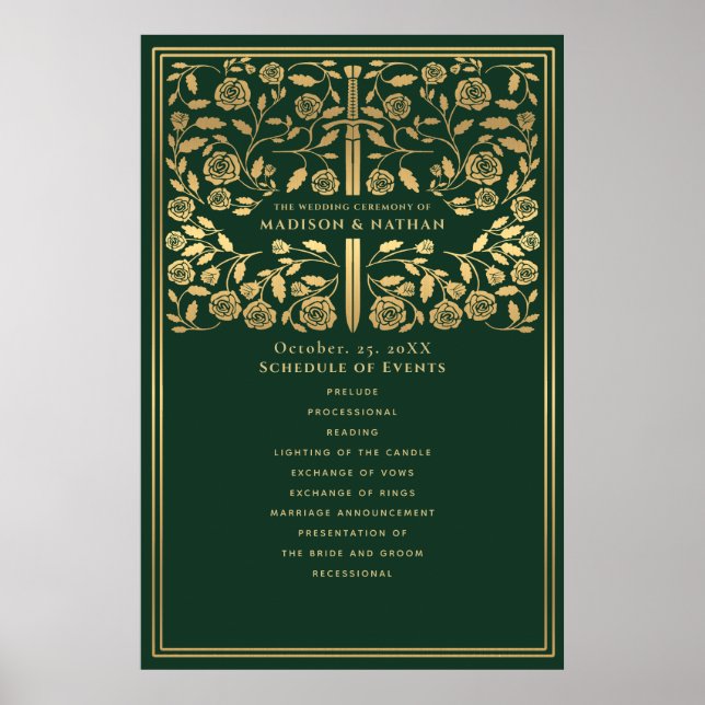 Green Royal Mediaeval Sword Wedding Schedule Poster (Front)