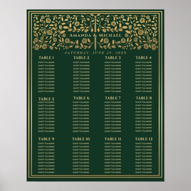 Green Royal Mediaeval Sword Wedding Seating Chart (Front)