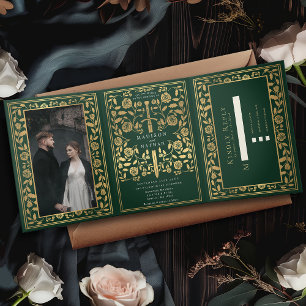 Green Royal Mediaeval Sword Wedding Tri-Fold Invitation
