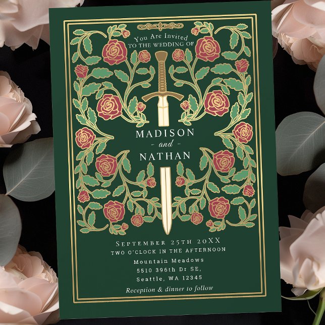 Green Royal Sword Floral Mediaeval Fantasy Wedding Invitation (Creator Uploaded)