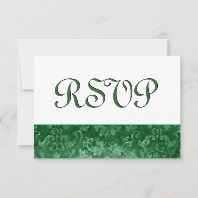 Green RSVP Grunge Damask Wedding Card (Front)