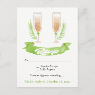 Green RSVP Watercolor Champagne Glasses Wedding Invitation Postcard