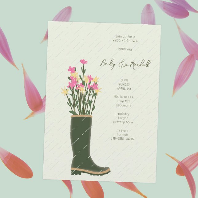 Green Rubber Boot Vase | Wildflower Bridal Shower Invitation (Creator Uploaded)