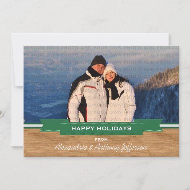 Green Rustic Banner Holiday Photo Flat Card (Front)