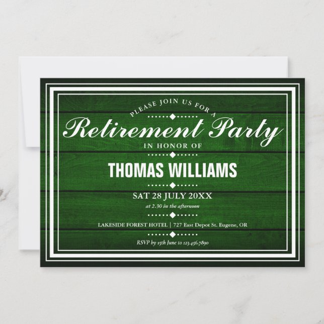 Green Rustic Barn Wood Retirement Party Invitation (Front)