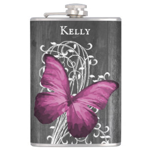 Green Rustic Butterfly Personalised Flask