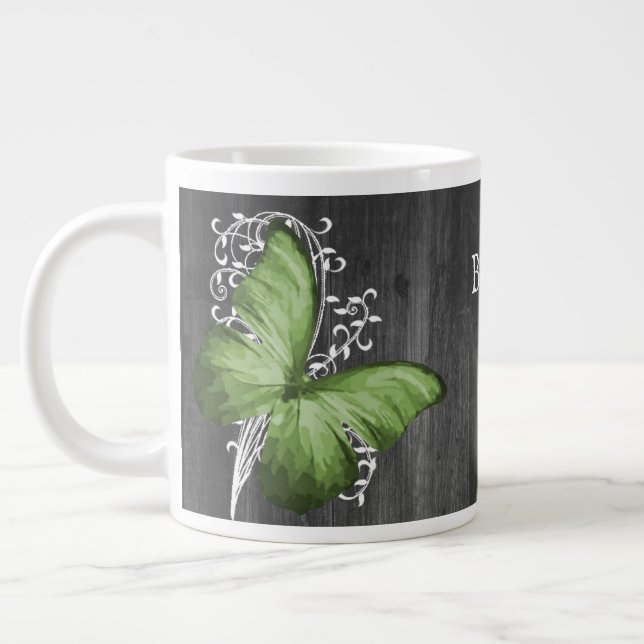 Green Rustic Butterfly Personalised Large Coffee Mug (Left)