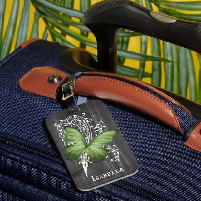 Green Rustic Butterfly Personalised Luggage Tag (Front Insitu 1)