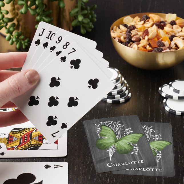 Green Rustic Butterfly Personalised Playing Cards (In Situ)