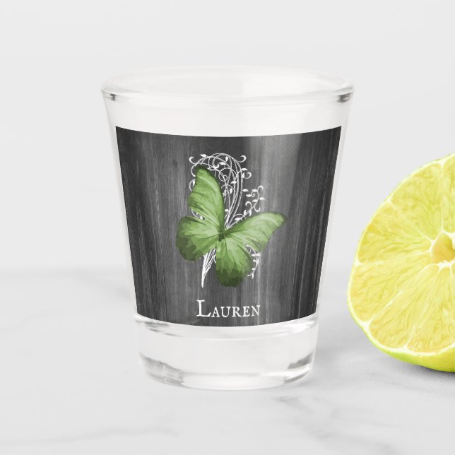 Green Rustic Butterfly Personalised Shot glass (Front)