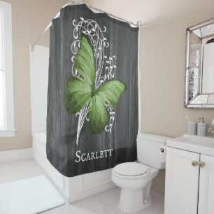 Green Rustic Butterfly Personalised Shower Curtain