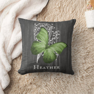 Green Rustic Butterfly Personalised Throw Pillow