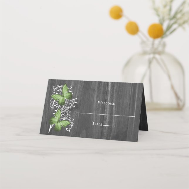 Green Rustic Butterfly Reception Place Card (Front)