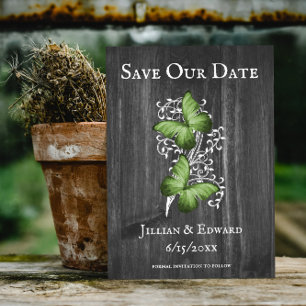 Green Rustic Butterfly Save The Date Announcement