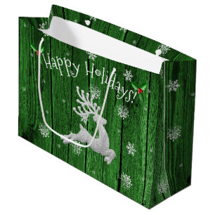 Green Rustic Christmas Reindeer Gift Bag