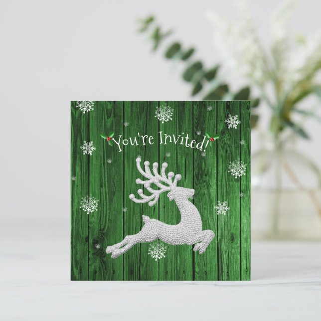 Green Rustic Christmas Reindeer Invitation (Standing Front)