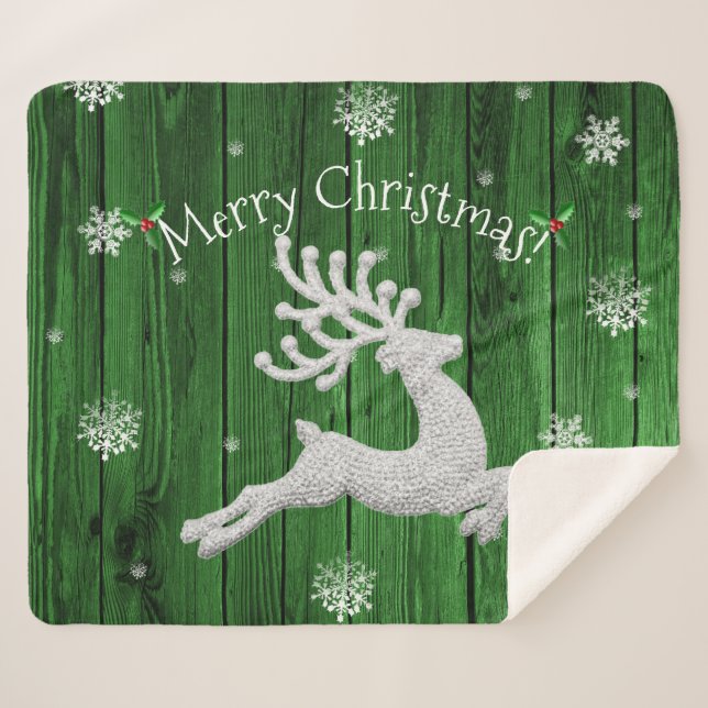 Green Rustic Christmas Reindeer Sherpa Blanket (Front (Horizontal))