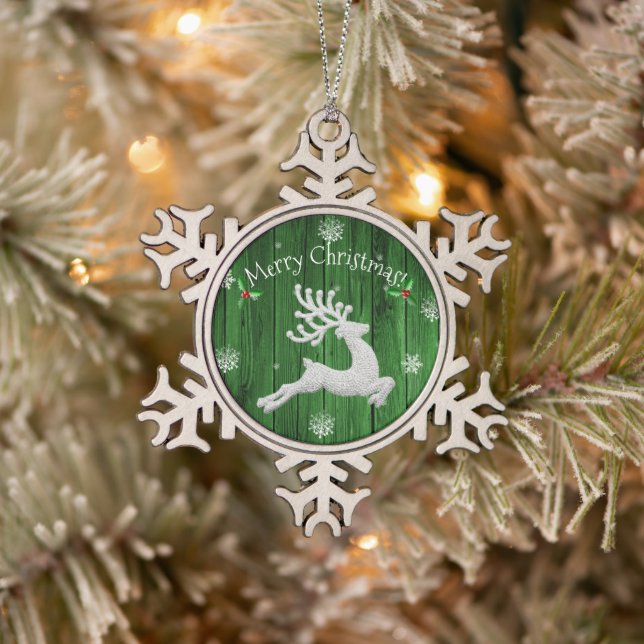 Green Rustic Christmas Reindeer Snowflake Ornament (Tree)