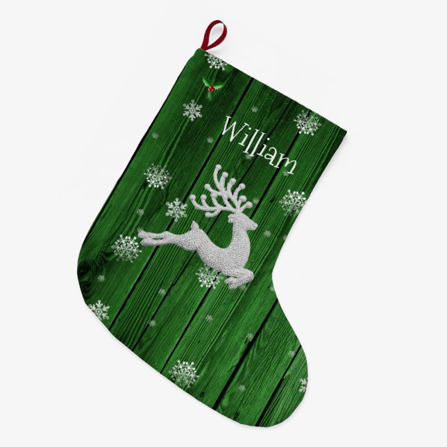 Green Rustic Christmas Reindeer Stocking (Front (Hanging))