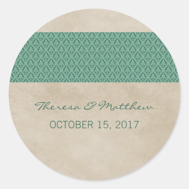 Green Rustic Damask Wedding Stickers (Front)