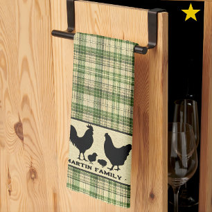 Green Rustic Farmhouse Plaid Chicken Family Name Tea Towel