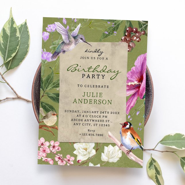 Green rustic floral bird art birthday invitation (Creator Uploaded)