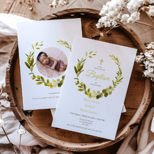 Green Rustic Floral Watercolor Baptism Photograph Invitation