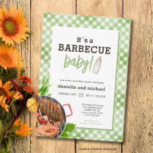 Green Rustic Gingham Barbecue Baby Shower Invitation