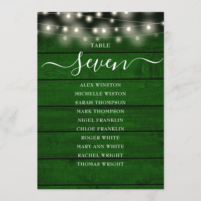 Green Rustic Lights Table Number Seating Chart (Front)