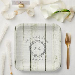 Green Rustic Monogram Wedding Shower Paper Plates