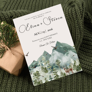 Green Rustic mountain Forest watercolor wedding Invitation