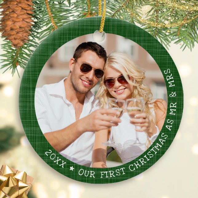 Green Rustic Photo Mr & Mrs Christmas Ceramic Tree Decoration (Creator Uploaded)