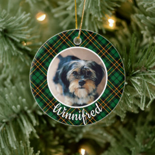 Green Rustic Plaid Custom Pet Photo Christmas Ceramic Tree Decoration