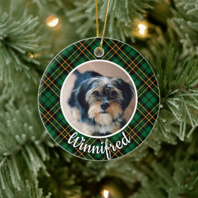 Green Rustic Plaid Custom Pet Photo Christmas Ceramic Tree Decoration (Tree)