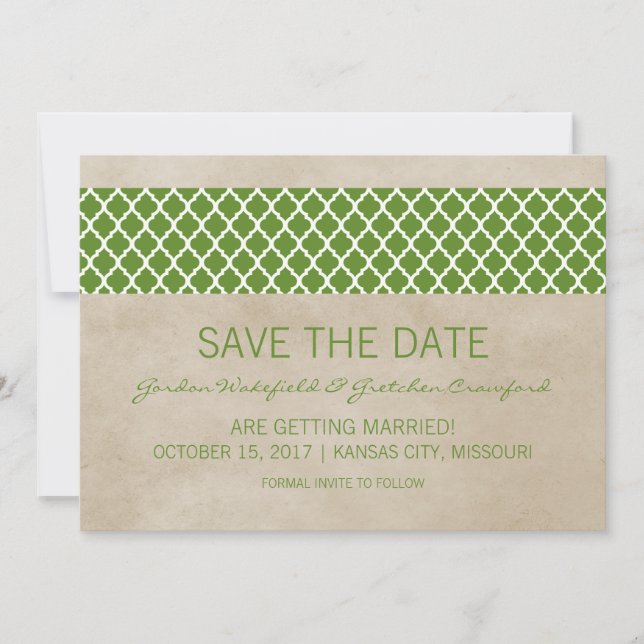 Green Rustic Quatrefoil Save the Date Invite (Front)