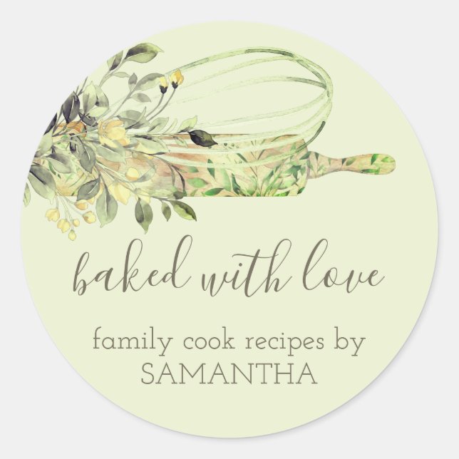 Green Rustic Rolling pin whisk Chef Bakery Classic Round Sticker (Front)
